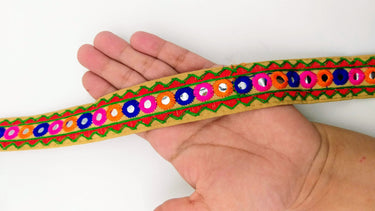 Beige And Red Indian Mirror Trim Kutch Embroidered Navratri Garba Dress Trim Bridal Lace, Sari Border 30 mm Wide Trim Per 3 Yards